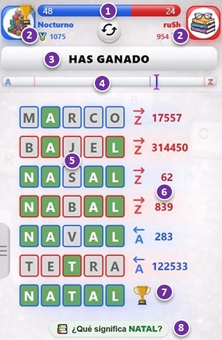 Pantalla principal de una partida de AlfaDuelo